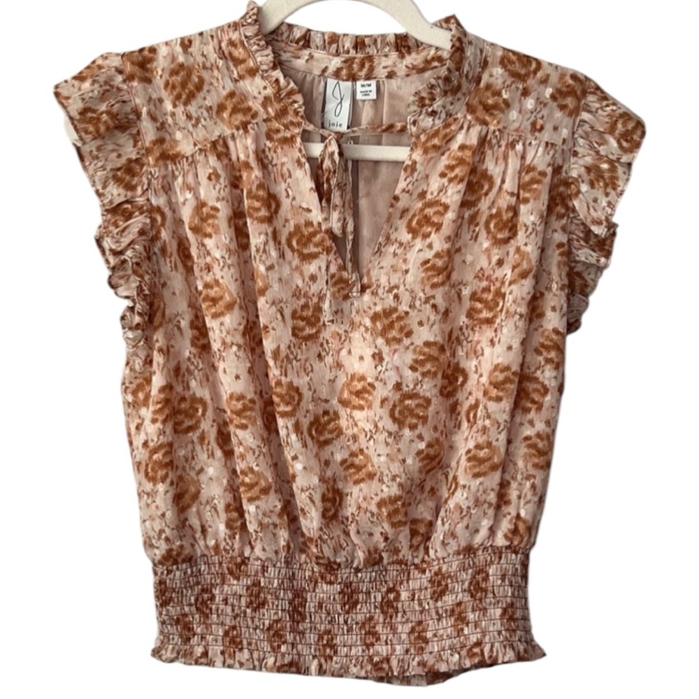 Joie Ruffled Brown and Cream Floral Smocked Blouse Top Size M